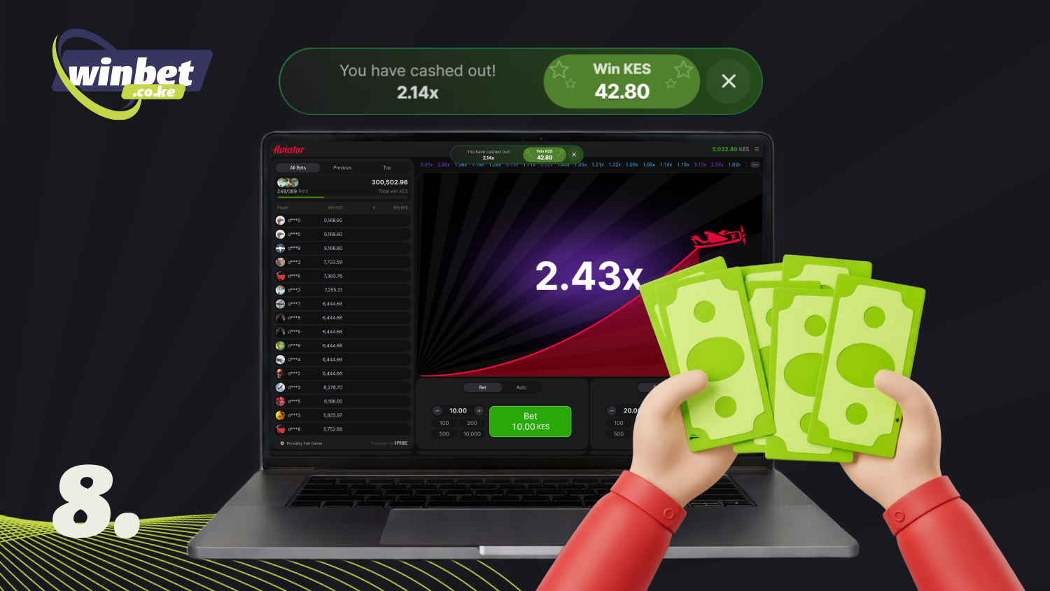 With timely withdrawal of funds, in the Aviator game you immediately receive your winnings - your bet multiplied by the fixed multiplier