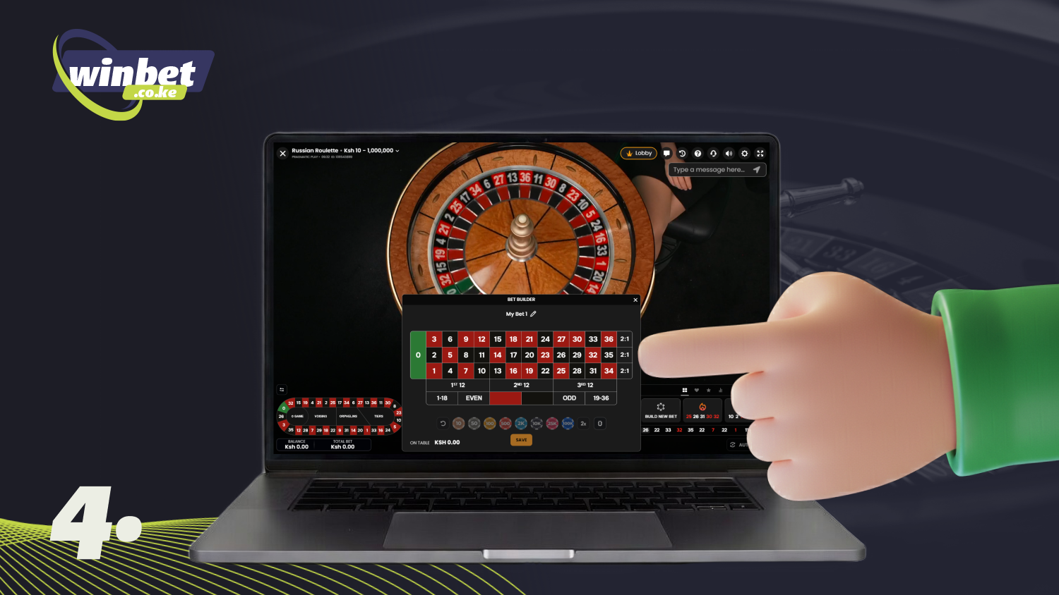 Place your bet by placing chips on your chosen numbers or other options to start playing roulette in Kenya